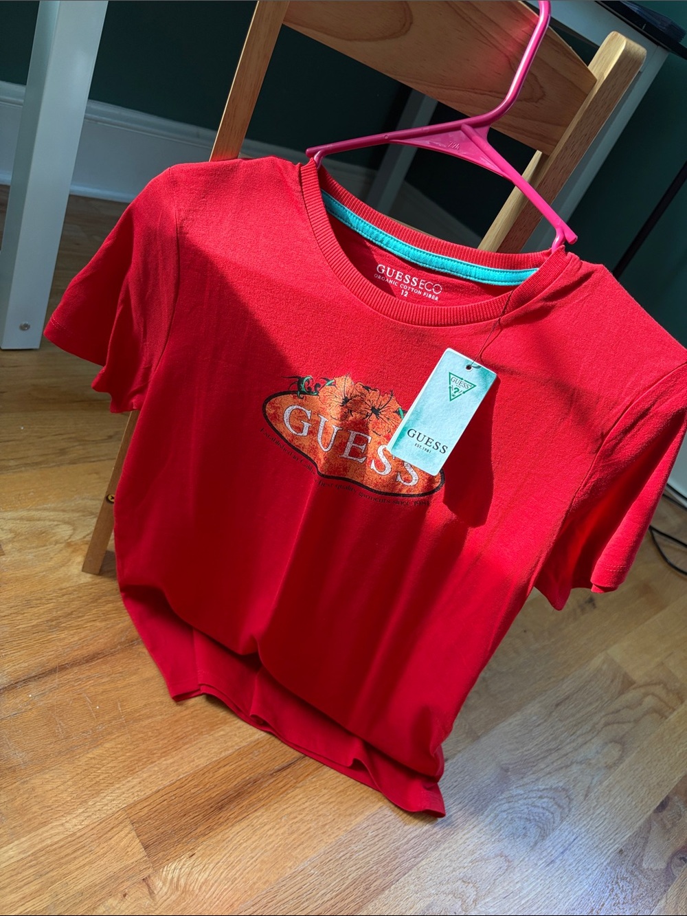 GUESS Red Short-Sleeve Logo Tee with Floral Accent
